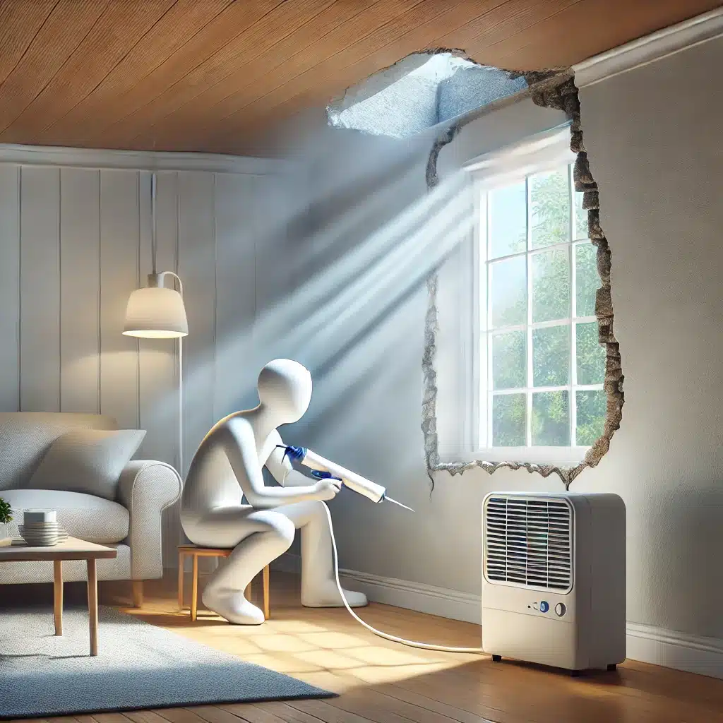 Persona sellando grietas en habitación ventilada | Maderas Outlet