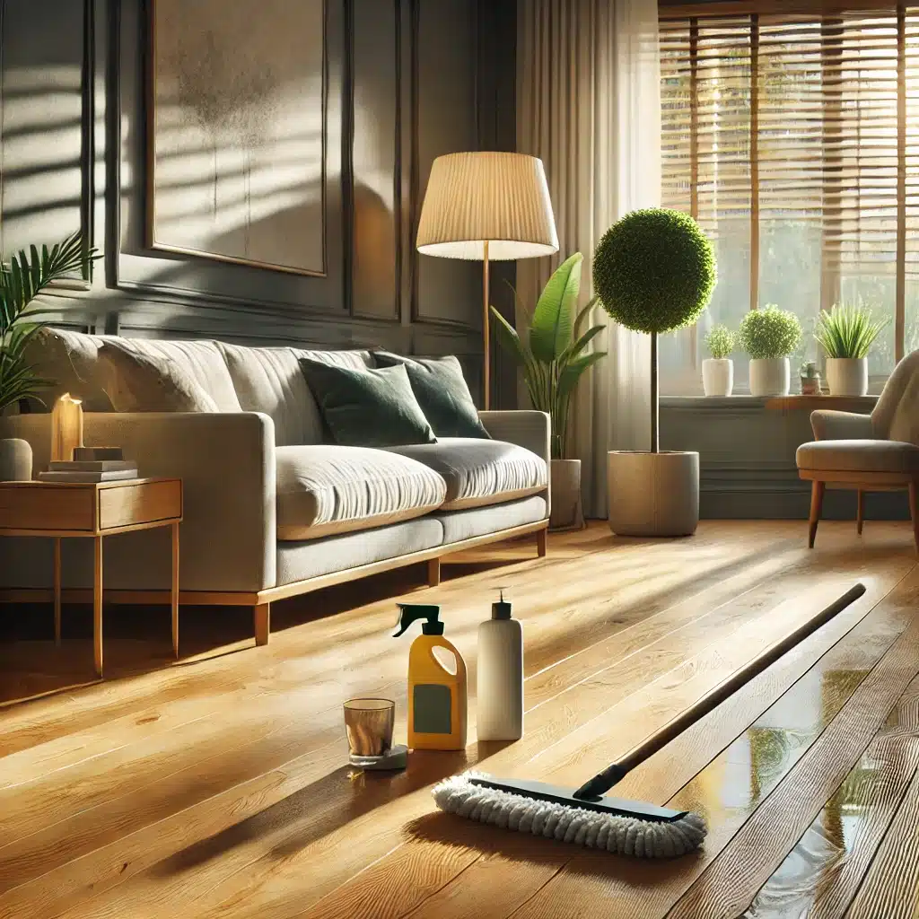 Sala con piso de madera, mop y productos de cuidado | Maderas Outlet