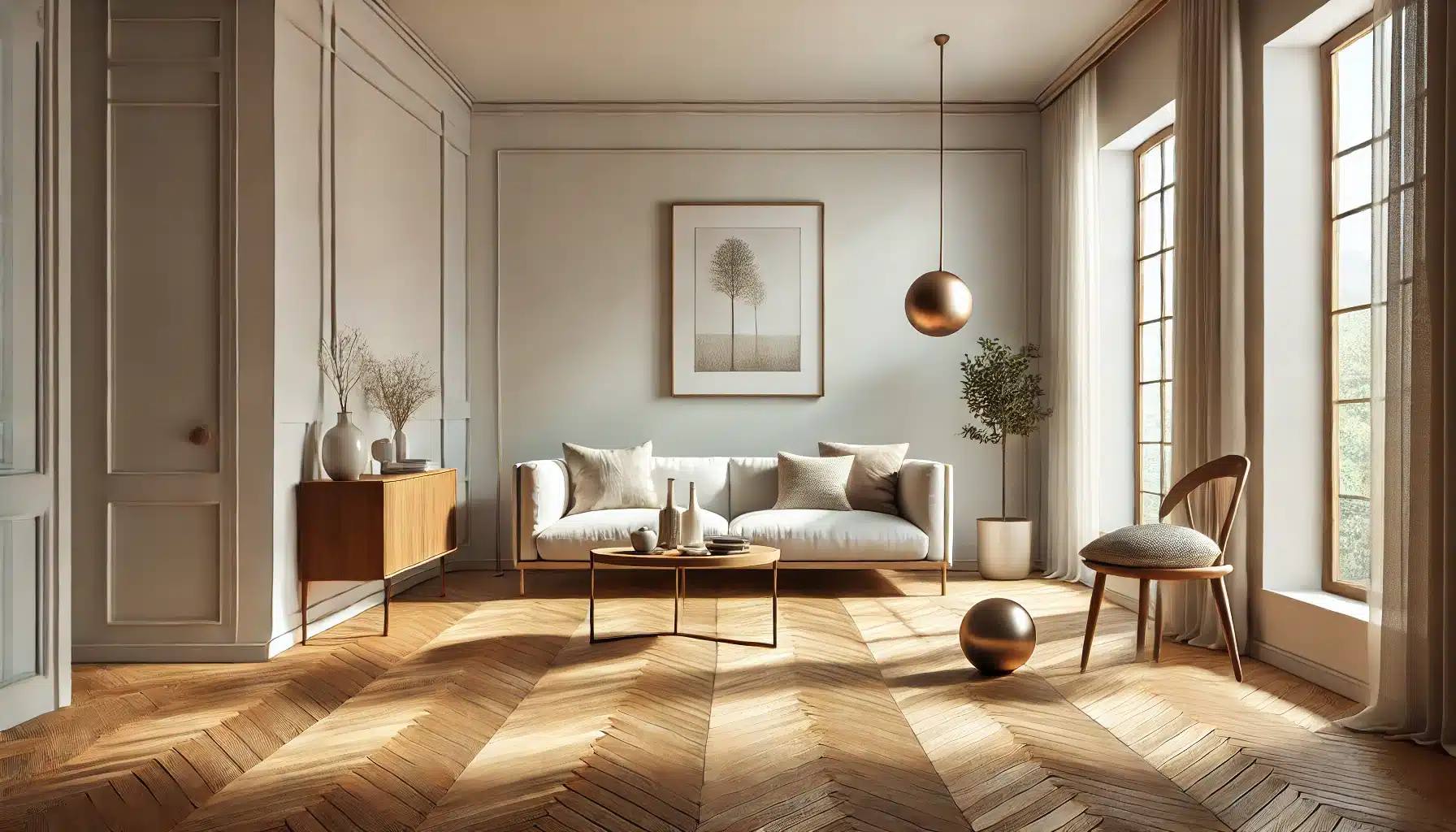 Sala minimalista con piso, decoración elegante y cálida con tonos neutros | Maderas Outlet