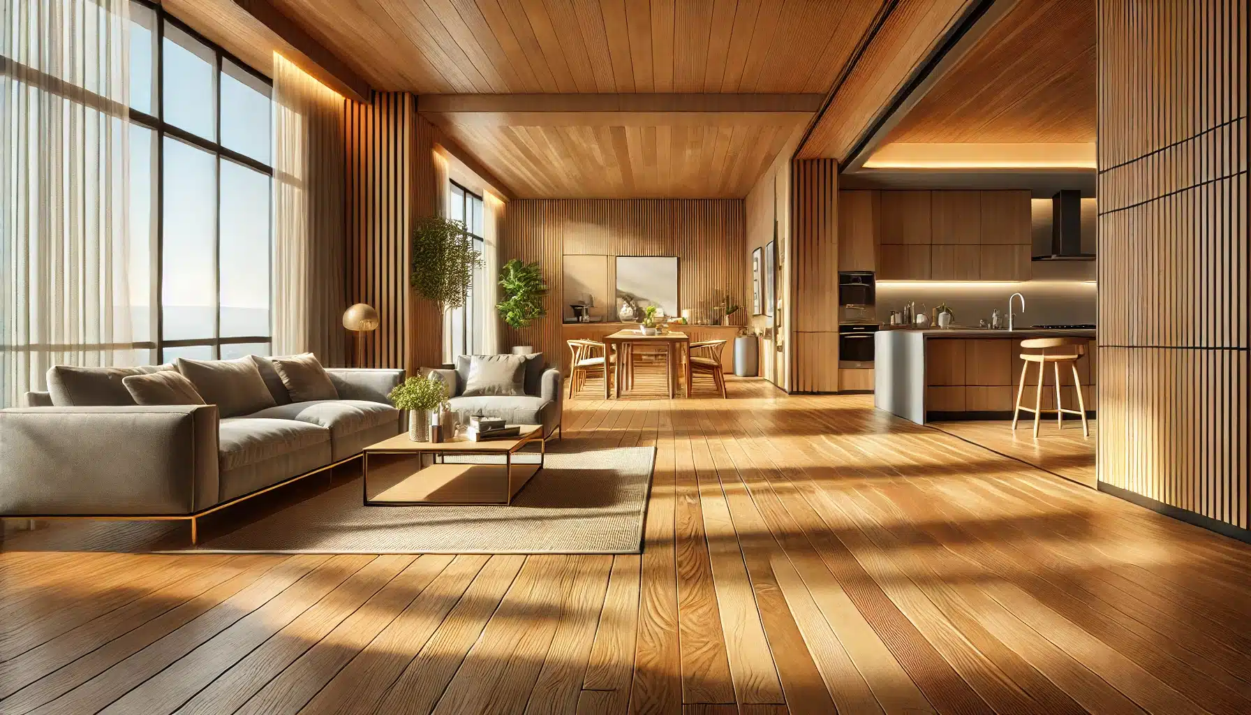 Espacio abierto con piso de madera cálida y diseño moderno | Maderas Outlet