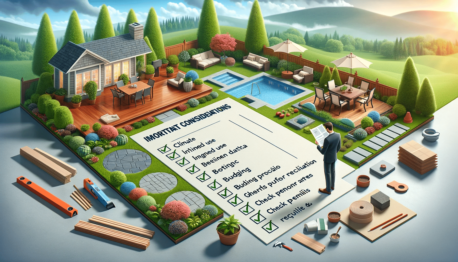 Persona revisando lista de verificación para instalación de suelos exteriores. Dorso de muro y pared con agarre | Maderas Outlet.